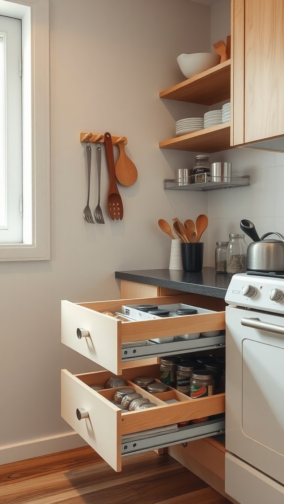Image showing a small kitchen with pull-out drawers for organizing kitchen items.