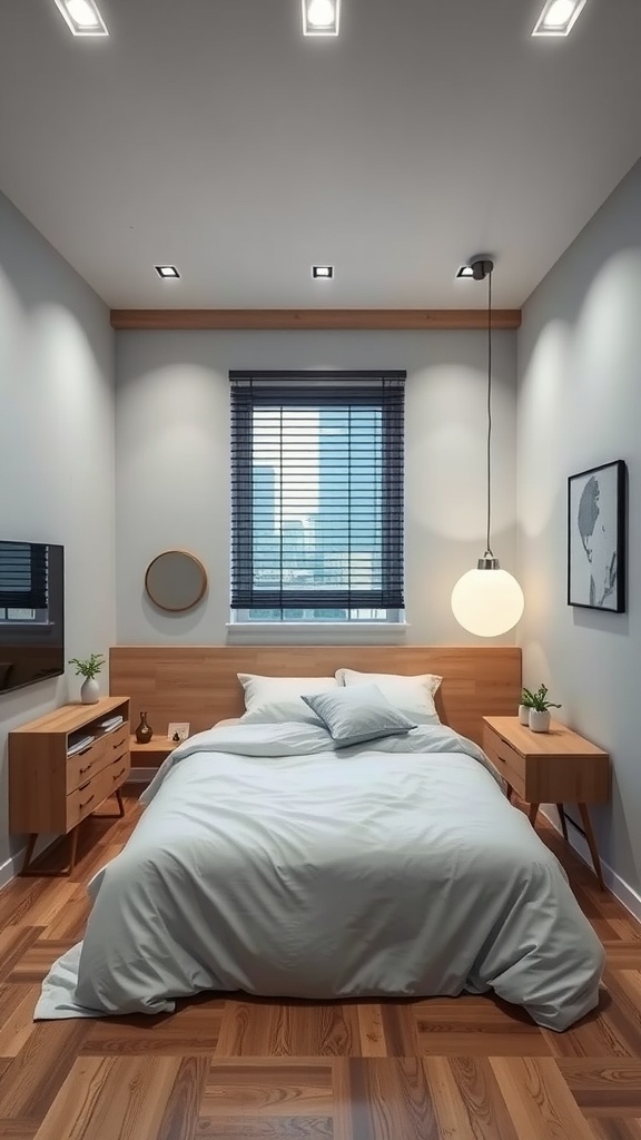 A modern bedroom with smart technology features, including stylish lighting, wooden furniture, and a cozy bed setup.