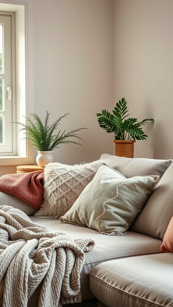 Cozy corner of a modern studio apartment with a sofa, cushions, and plants