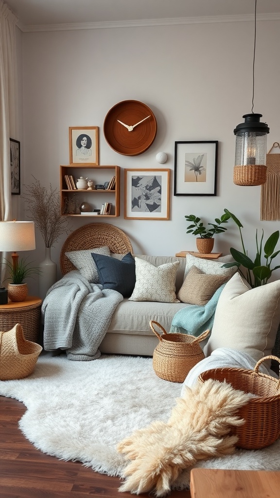 Cozy modern studio apartment with textured elements and warm decor.