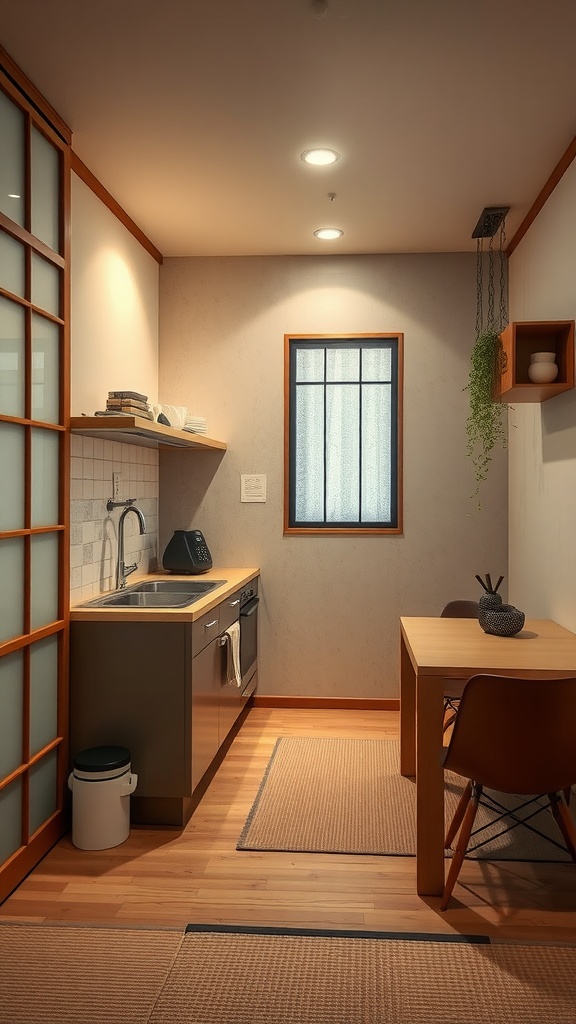 A simple Japanese kitchen design showcasing traditional elements with wooden accents and a cozy layout.