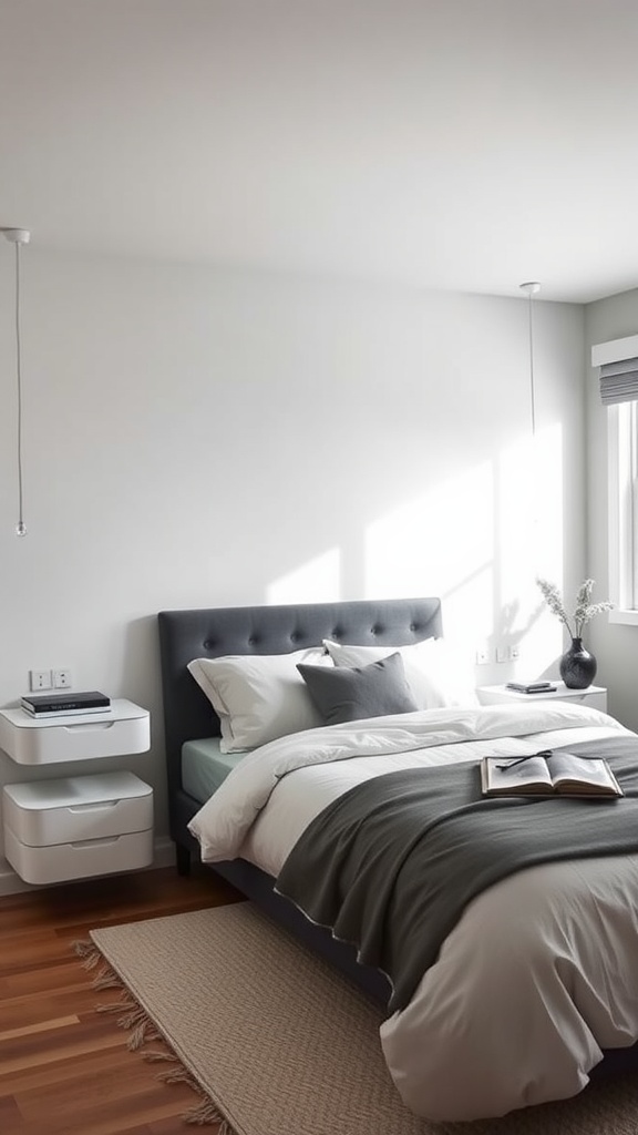 A cozy 10x10 bedroom featuring a sleek bed and wall-mounted nightstands.