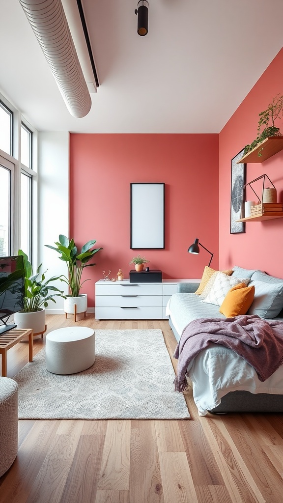 A cozy modern studio apartment featuring a coral wall, gray couch, and green plants.