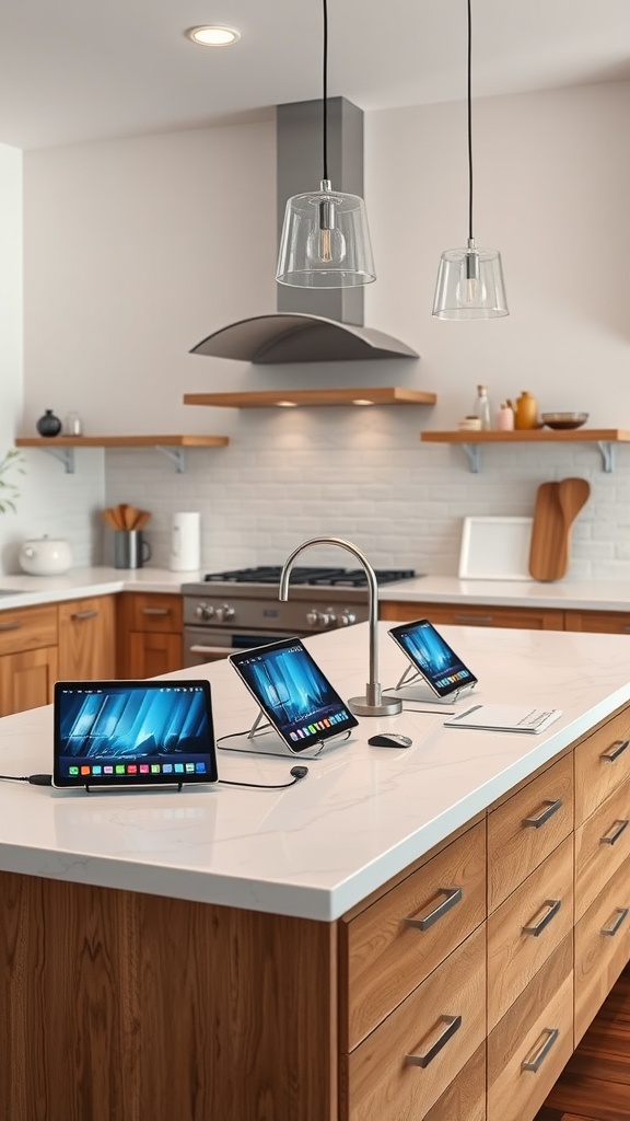 A modern kitchen island with tablets and elegant lighting