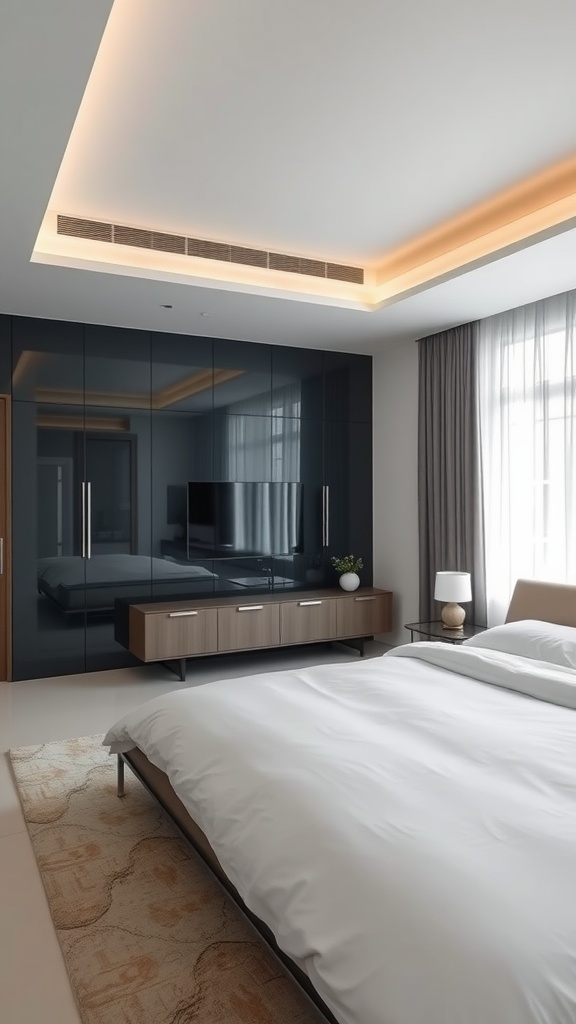 A modern Japandi style bedroom featuring integrated technology solutions.