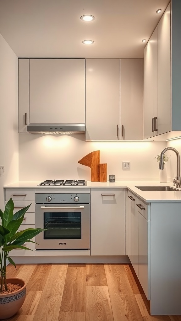 A modern kitchen with hidden appliances and sleek cabinetry in a small space.