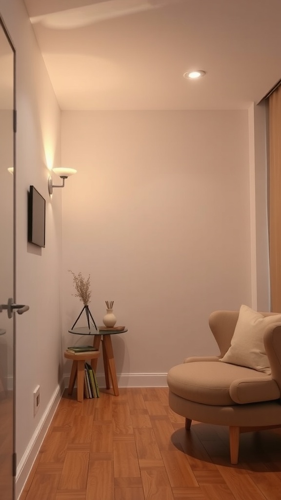 A cozy corner of a small room featuring a simple chair, stylish lighting, and a wall-mounted display.
