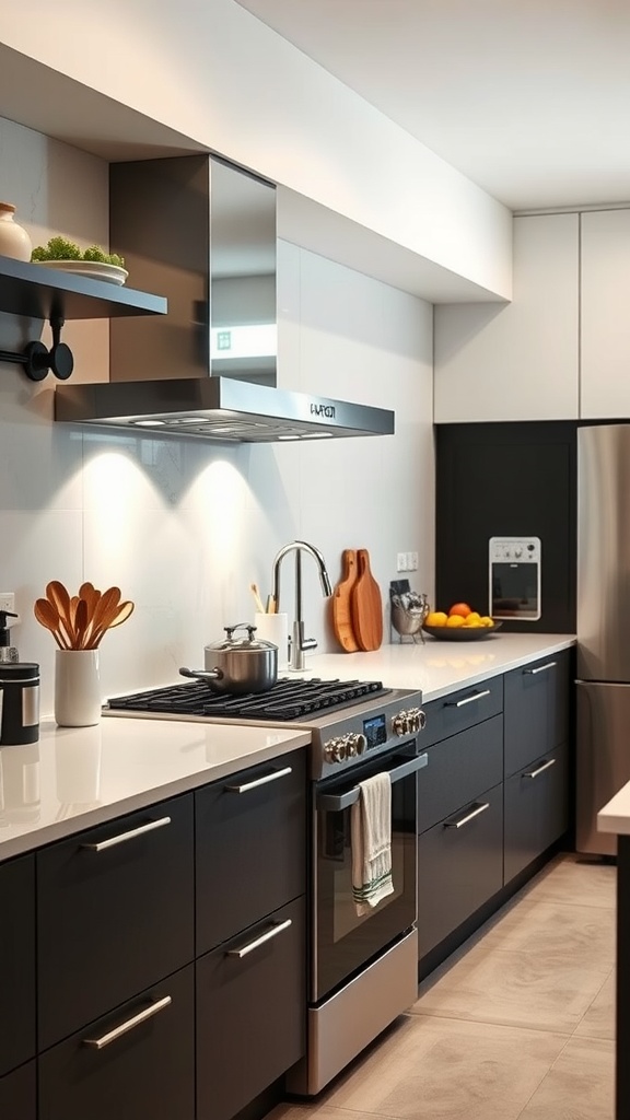 A modern kitchen with dark cabinets, a stainless steel stove, and smart appliances