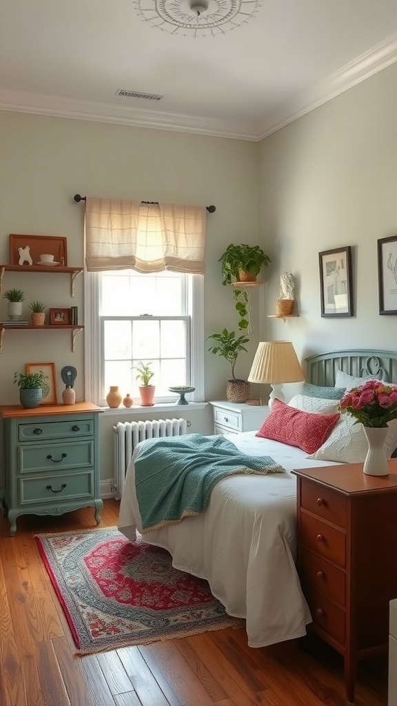 A cozy bedroom featuring vintage furniture, warm wooden floors, and decorative plants.