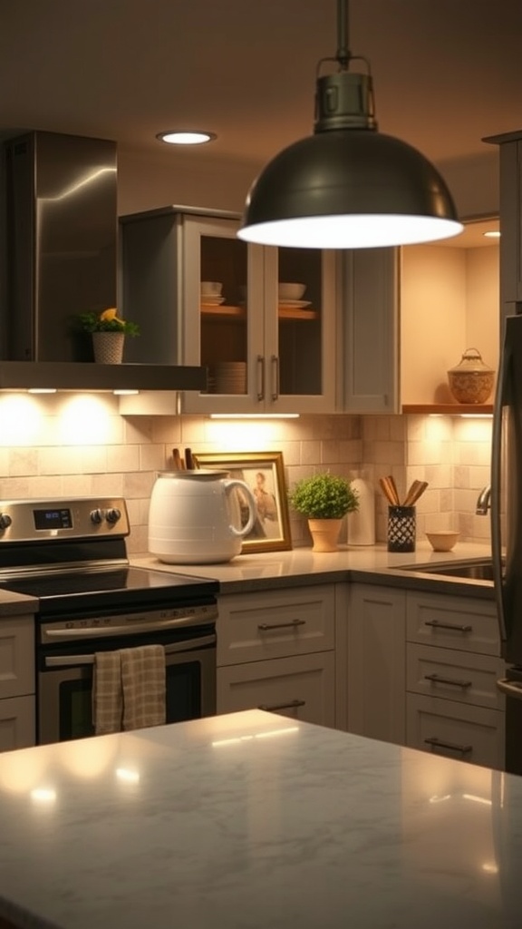 A modern kitchen featuring layered lighting with a pendant light and soft under-cabinet lights.