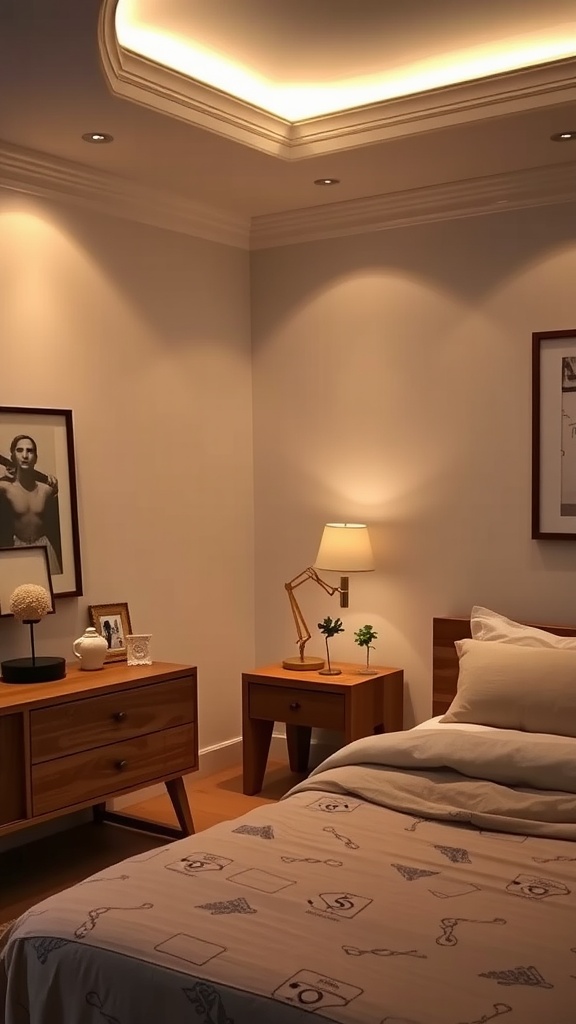 A cozy eclectic bedroom with layered lighting, featuring recessed lights, a bedside lamp, and wall art illumination.