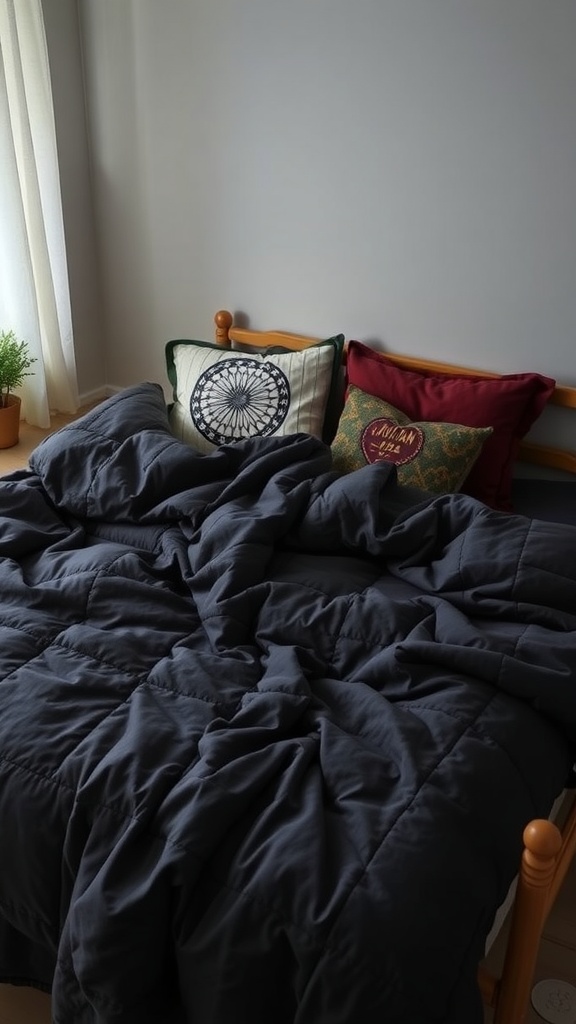 A cozy bed with a dark comforter and colorful pillows, creating a layered and inviting look.