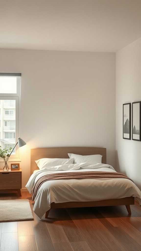 Cozy 10x10 bedroom with layered lighting and a warm atmosphere