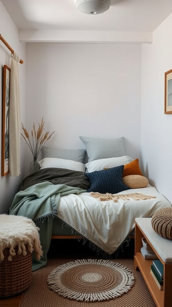 A cozy small bedroom featuring a layered bed with various textiles, a round rug, and soft colors.