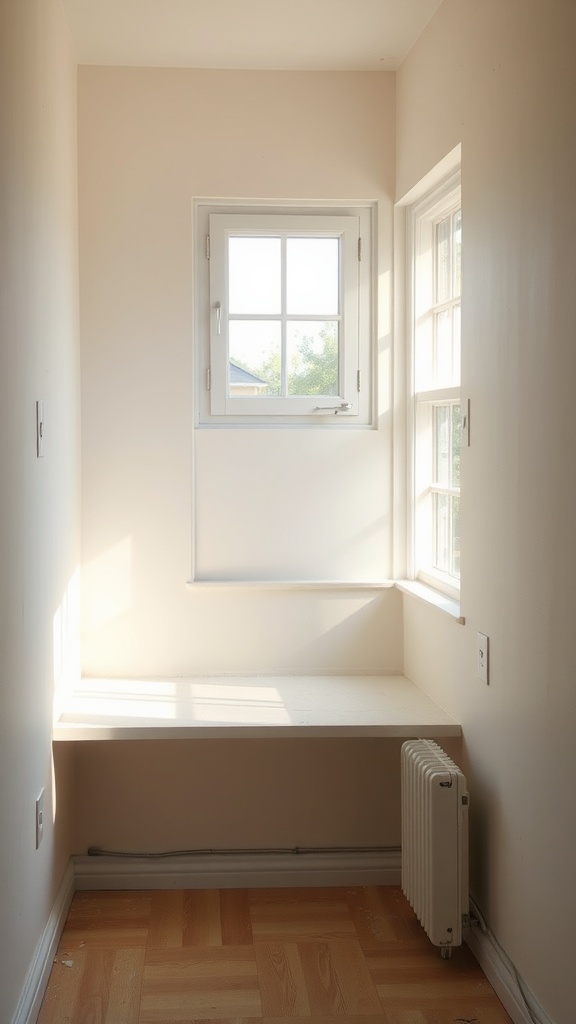 Bright small room with light beige walls and windows