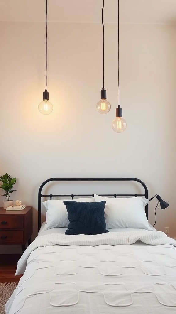 Stylish pendant lights hanging above a bed in a small bedroom