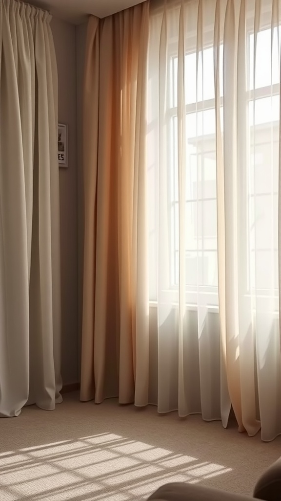 Lightweight curtains in soft colors allowing natural light to enter a small room.