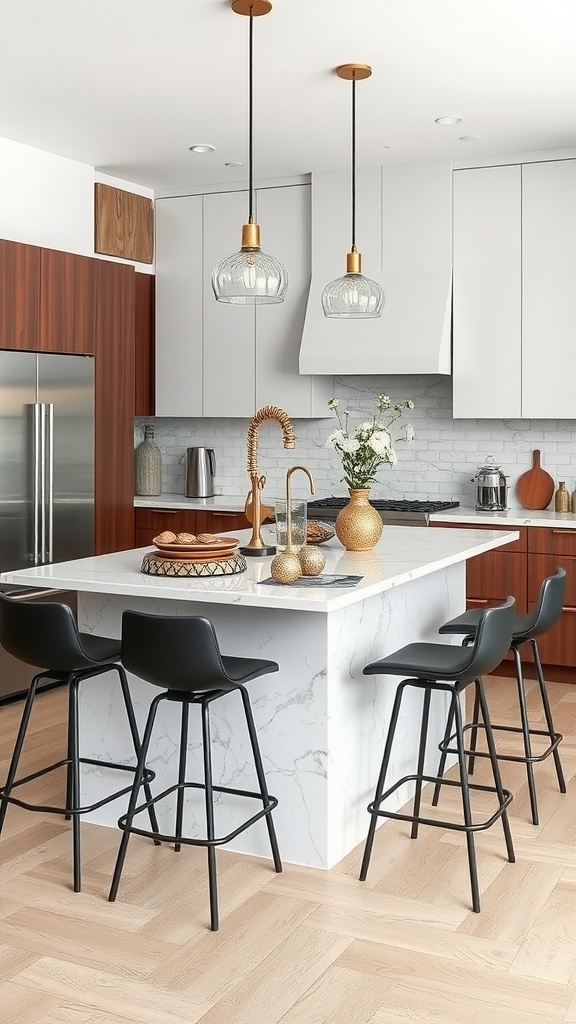 A modern kitchen with a marble island, black bar stools, and metallic accents.