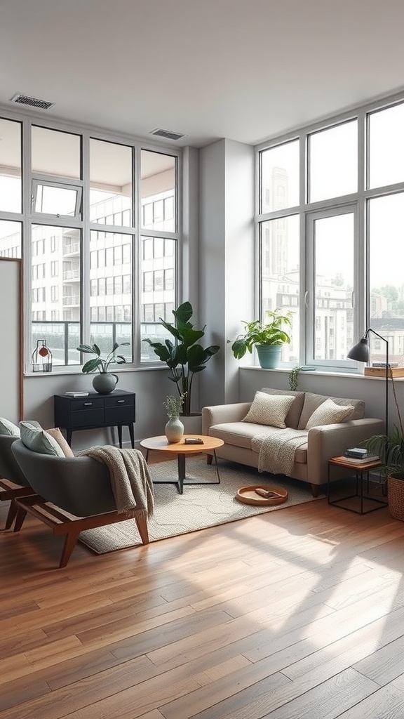 Cozy modern studio apartment with large windows allowing natural light, featuring plants and comfortable seating.