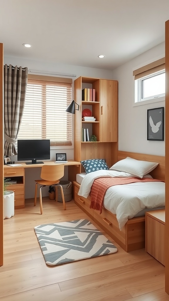 A small bedroom featuring multi-functional furniture with a bed, desk, and storage.