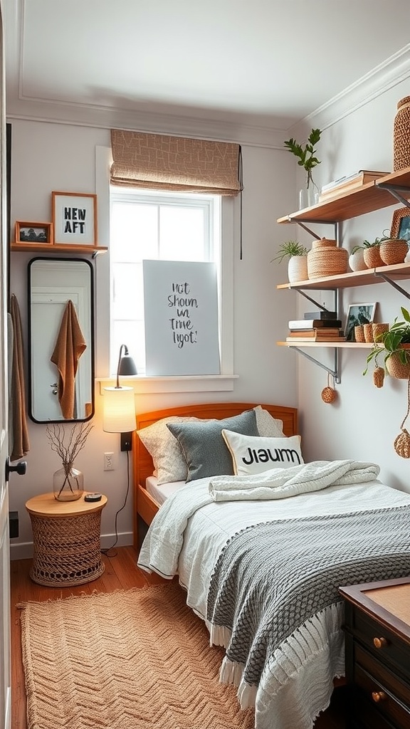 A small bedroom featuring a bed, wall-mounted shelves, and decorative storage solutions.