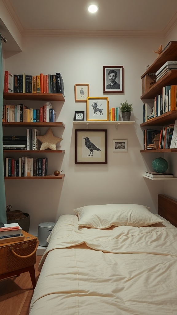 A cozy bedroom featuring shelves filled with books and decorative items, maximizing vertical space.