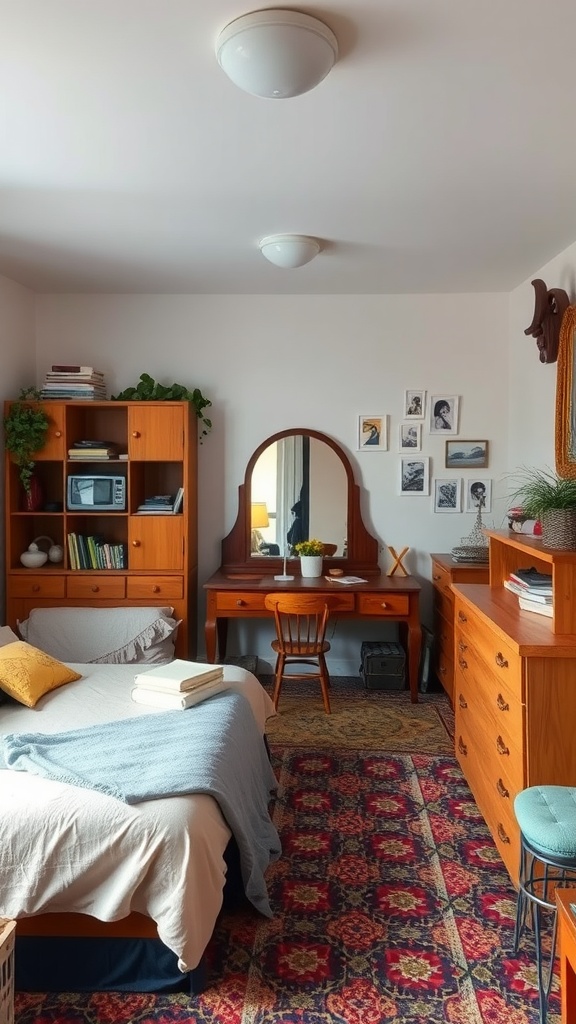 A cozy bedroom featuring mismatched wooden furniture, a soft bed with blankets, and a vibrant rug.