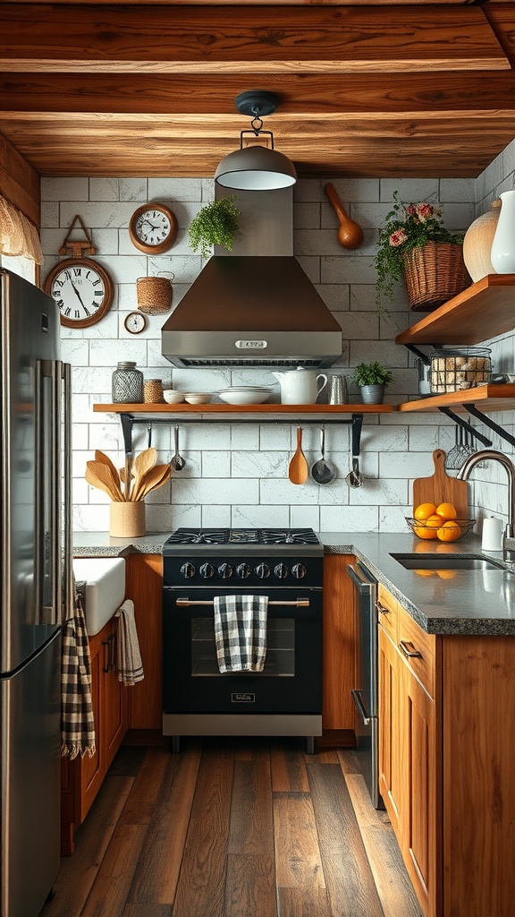 Cozy kitchen with wooden cabinets, stainless steel appliances, and decorative elements