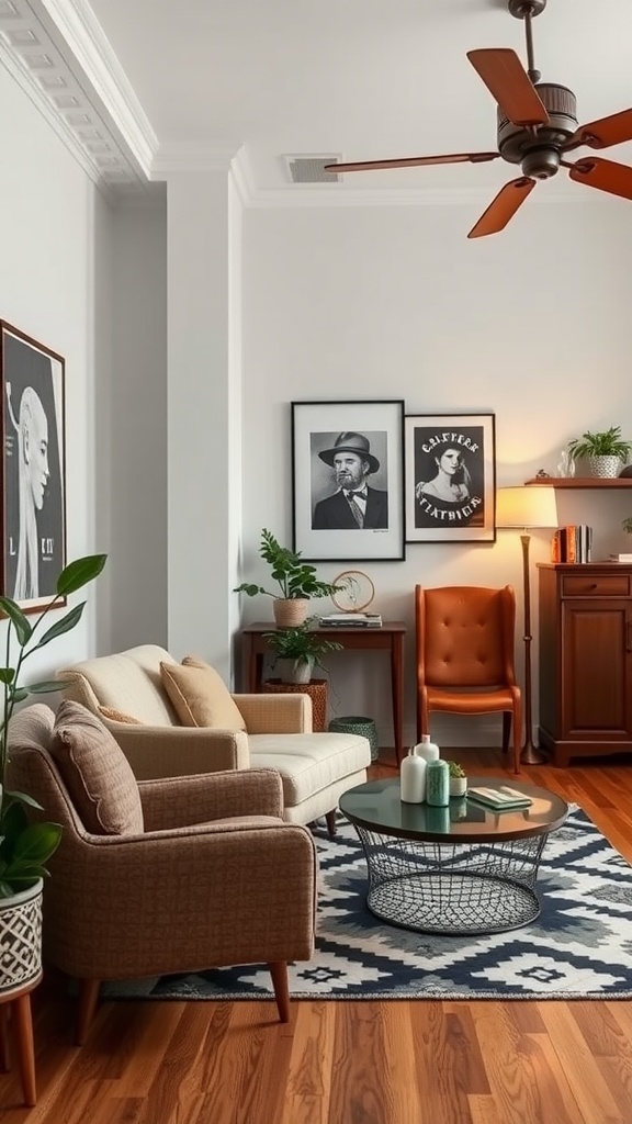 Cozy modern studio apartment mixing vintage and modern elements with stylish furniture and decor.