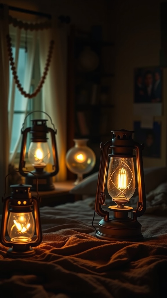 Cozy bedroom with warm lantern lighting