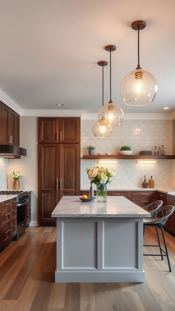 Stylish kitchen island with pendant lights and a modern design