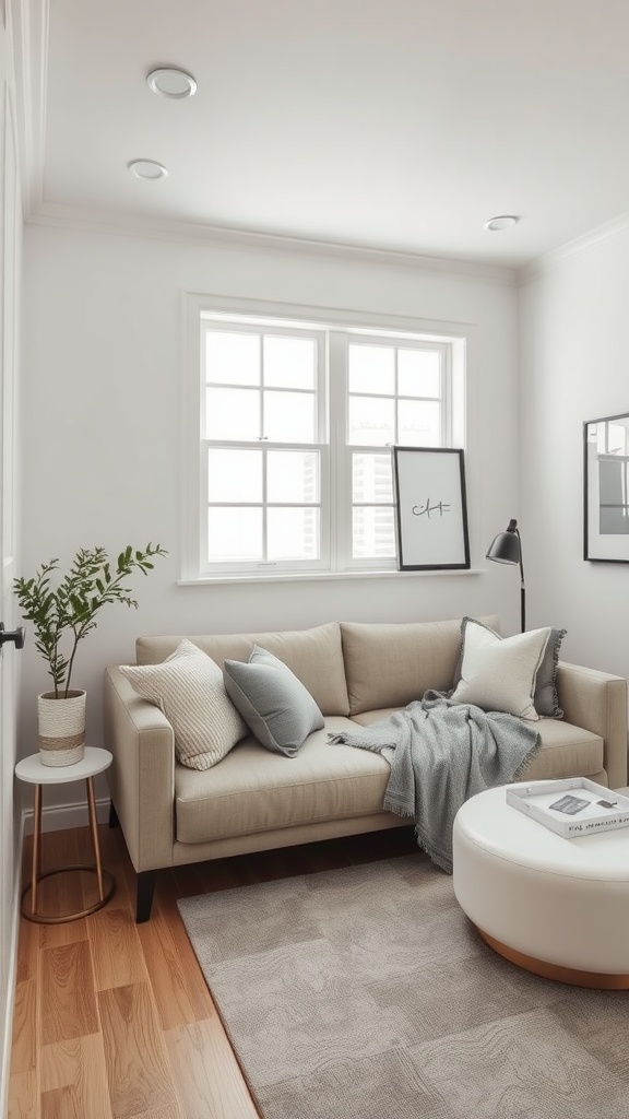 Cozy small room with a light-colored sofa, round coffee table, and small side table, creating a functional and inviting space.