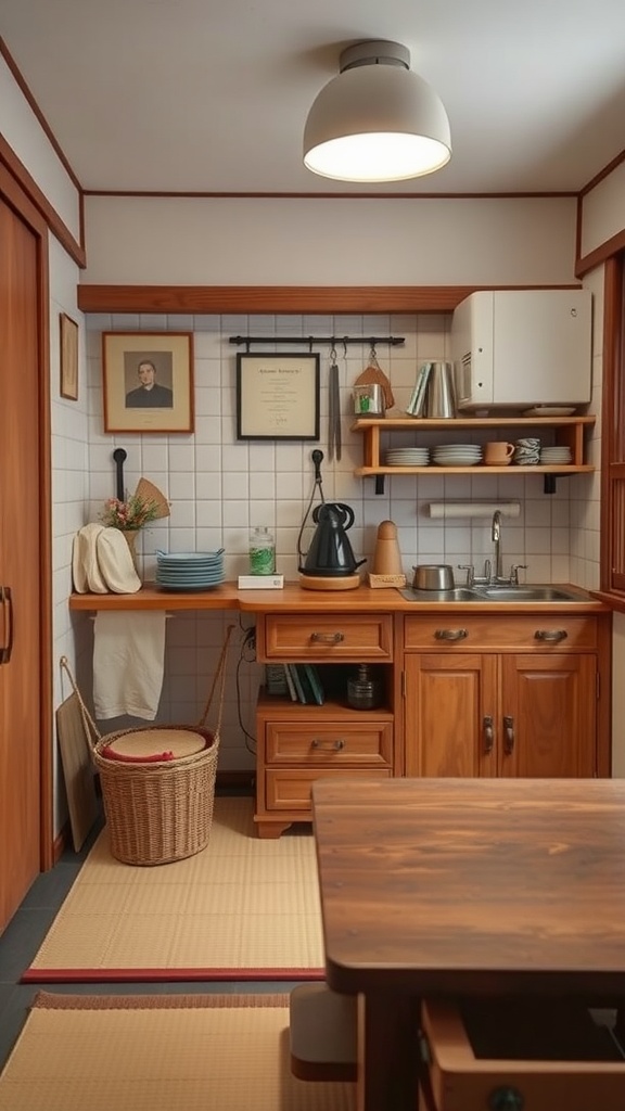 A simple Japanese kitchen with multi-functional furniture and a cozy design.