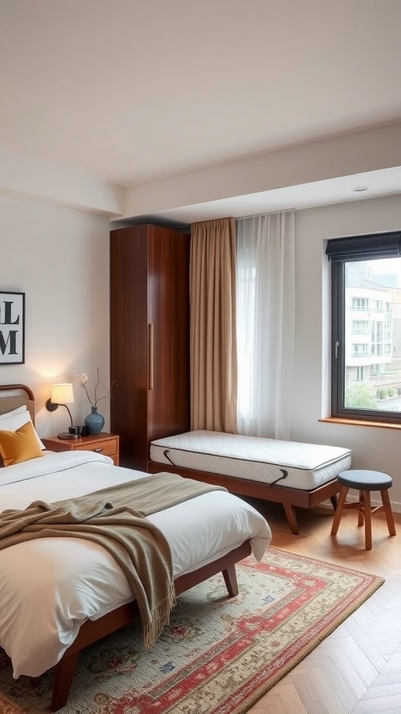 A cozy and functional 4x4 bedroom with a bed, seating area, and warm decor.
