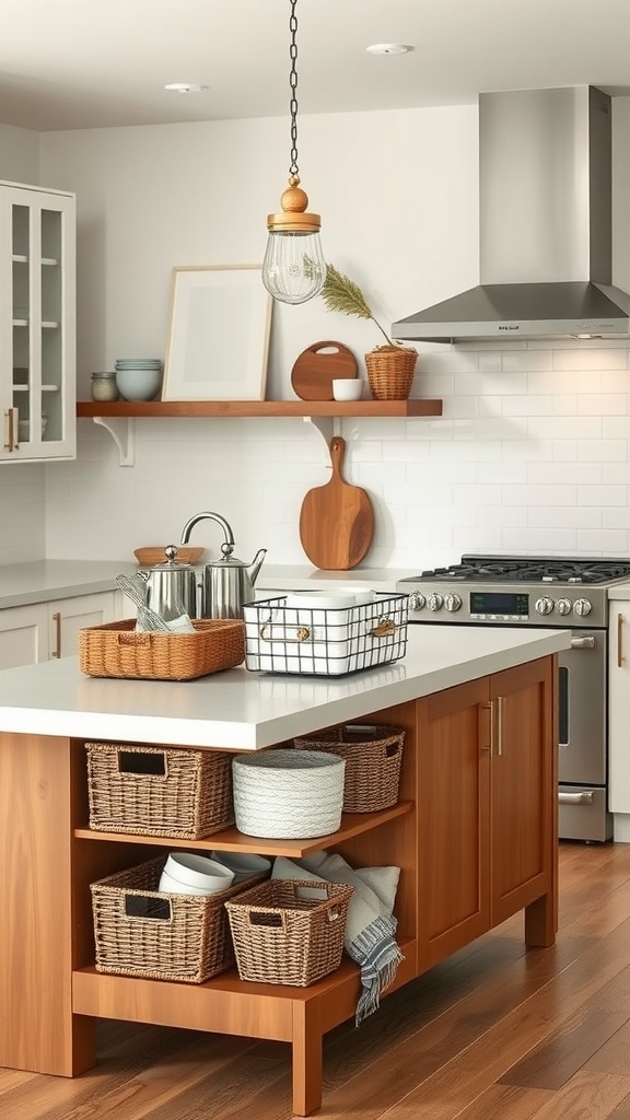 A kitchen island featuring various storage baskets and a modern design