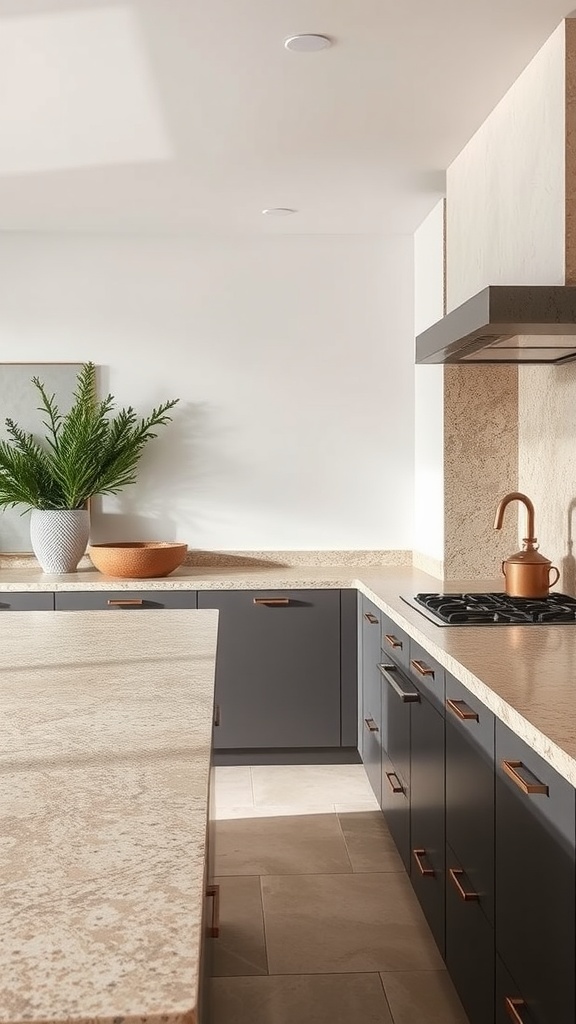 A simple village kitchen with natural stone countertops, dark cabinets, and a touch of greenery.