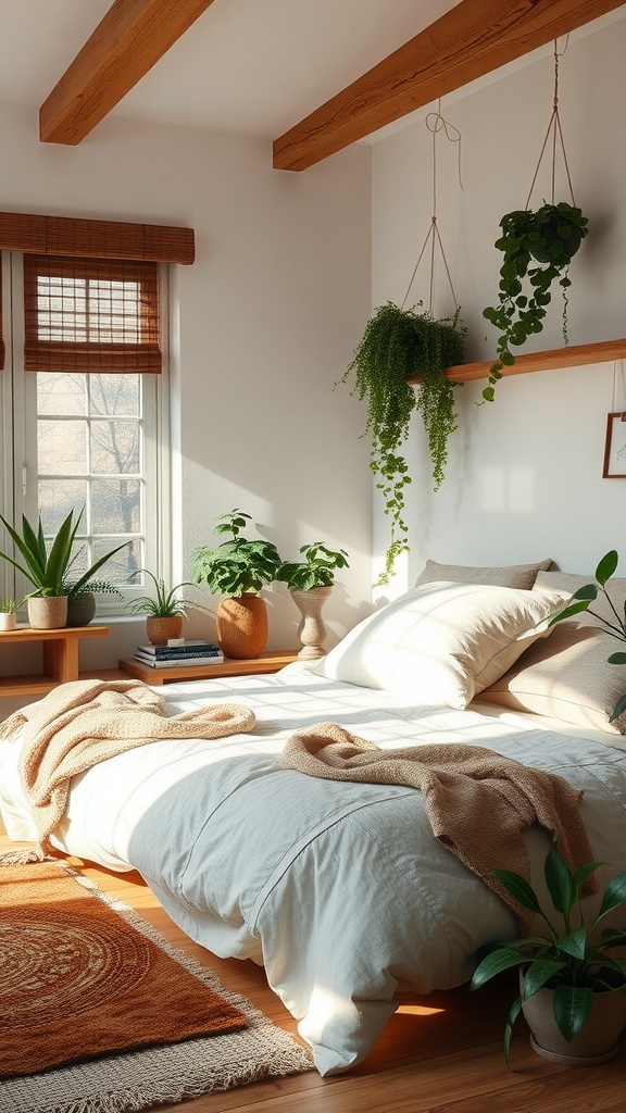 Cozy bedroom with nature-inspired decor featuring plants, wooden beams, and warm colors