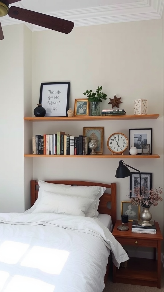 Cozy bedroom with open shelving displaying books, plants, and personal items above the bed