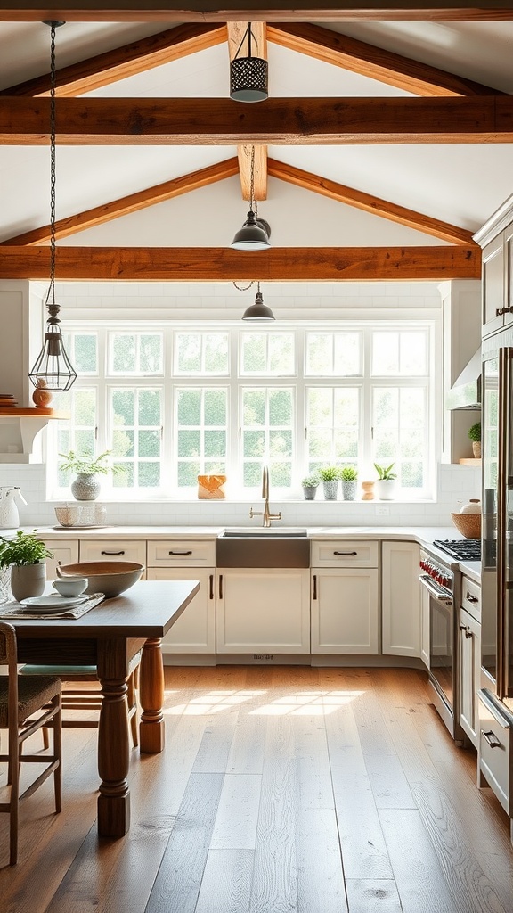 A bright and airy open concept farmhouse kitchen with wooden beams, large windows, and a spacious layout.
