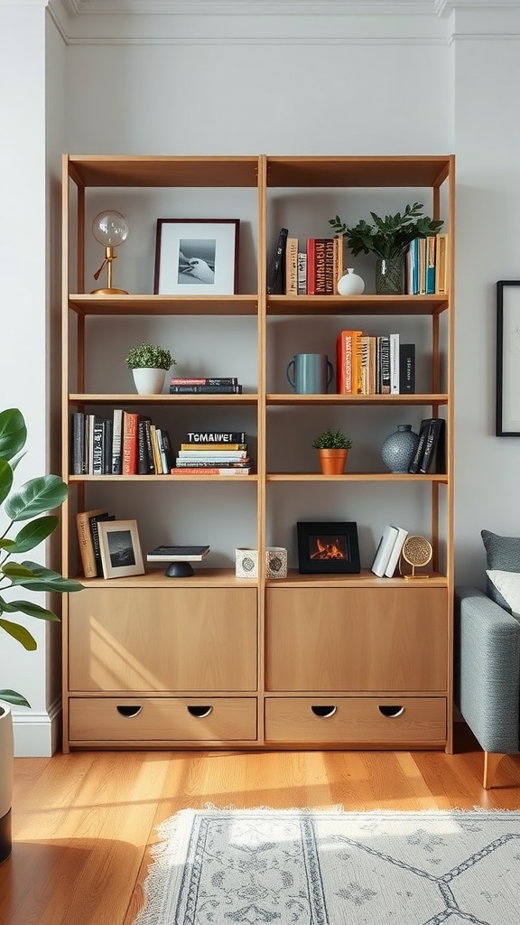 Open shelving unit in a modern studio apartment, showcasing books, plants, and decorative items.