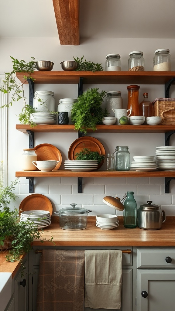 Open shelving in a cozy farmhouse kitchen showcasing plates, jars, and plants