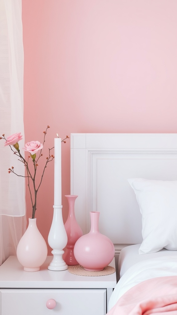 Aesthetic pink bedroom with pastel pink vases and candle on a nightstand