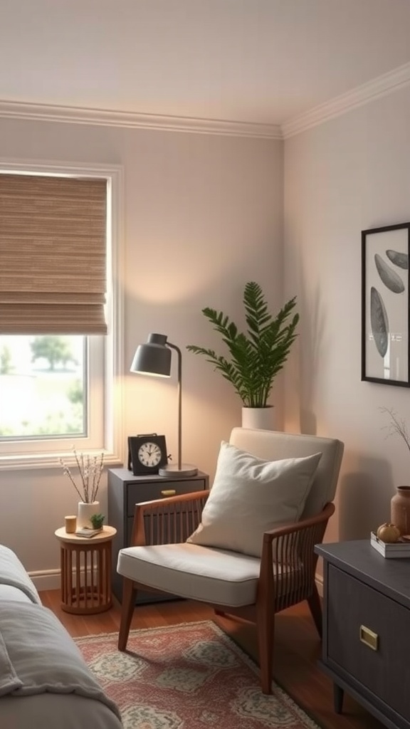 Cozy bedroom corner with a comfortable chair, plants, and warm lighting.