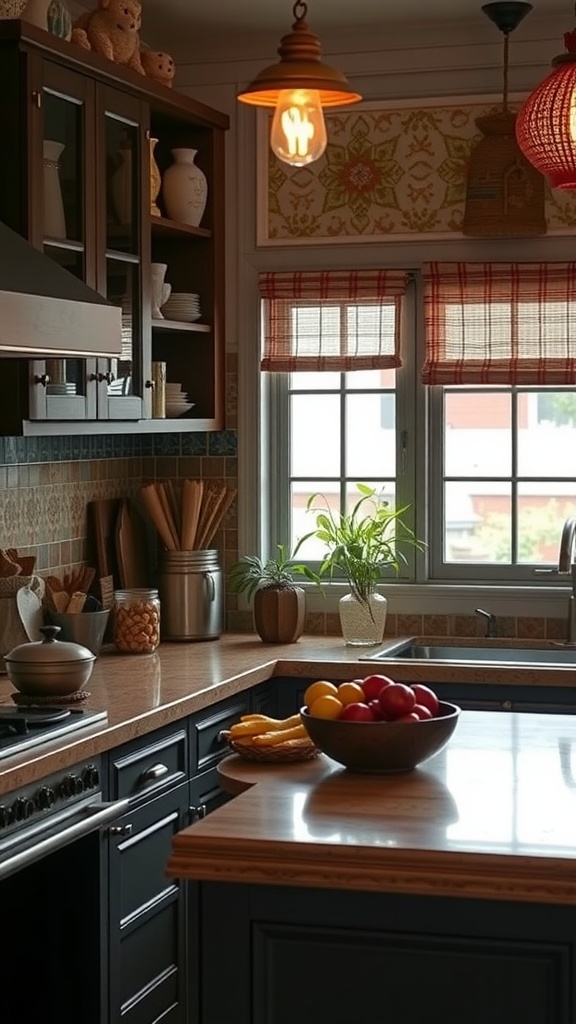 Cozy kitchen with dark cabinets, light counters, plant decor, and warm lighting