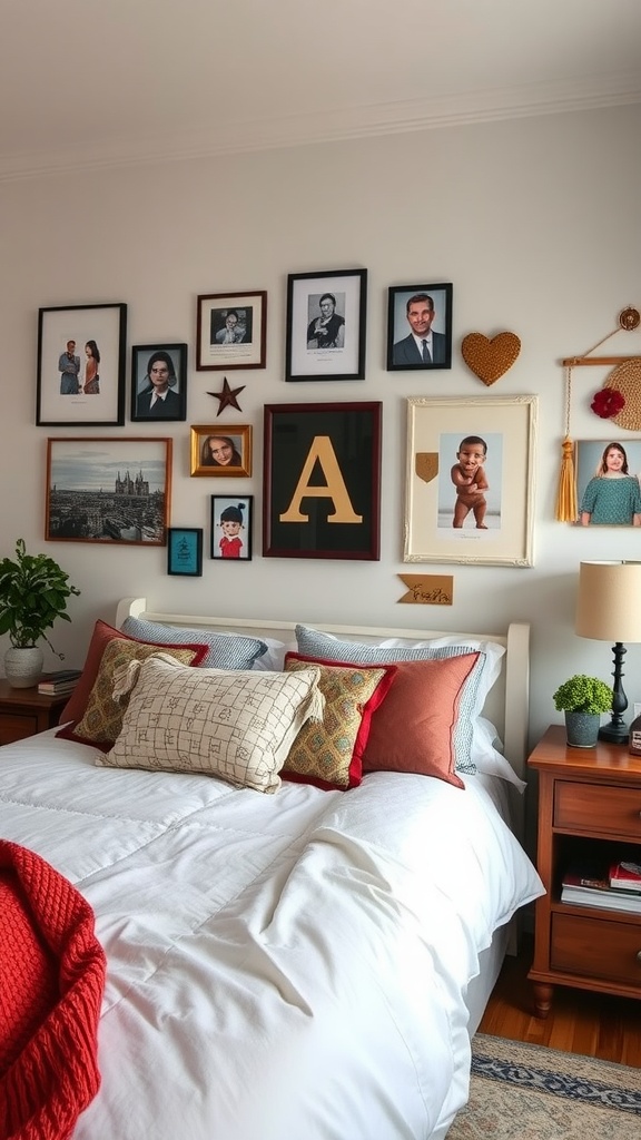 A cozy bedroom featuring a gallery wall of framed photos, decorative elements, and a neatly made bed.