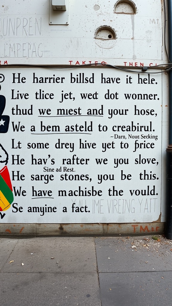 A wall with artistic text featuring emo quotes and designs, showcasing a personalized touch.