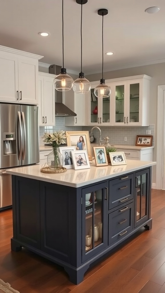 Family photo display on a kitchen island with framed pictures.