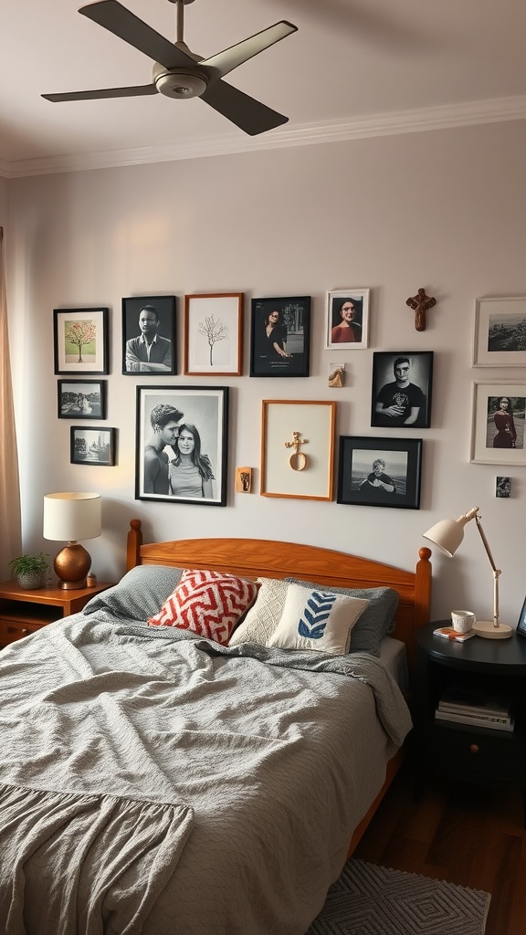 A cozy bedroom with a gallery wall featuring various framed photos and art pieces.