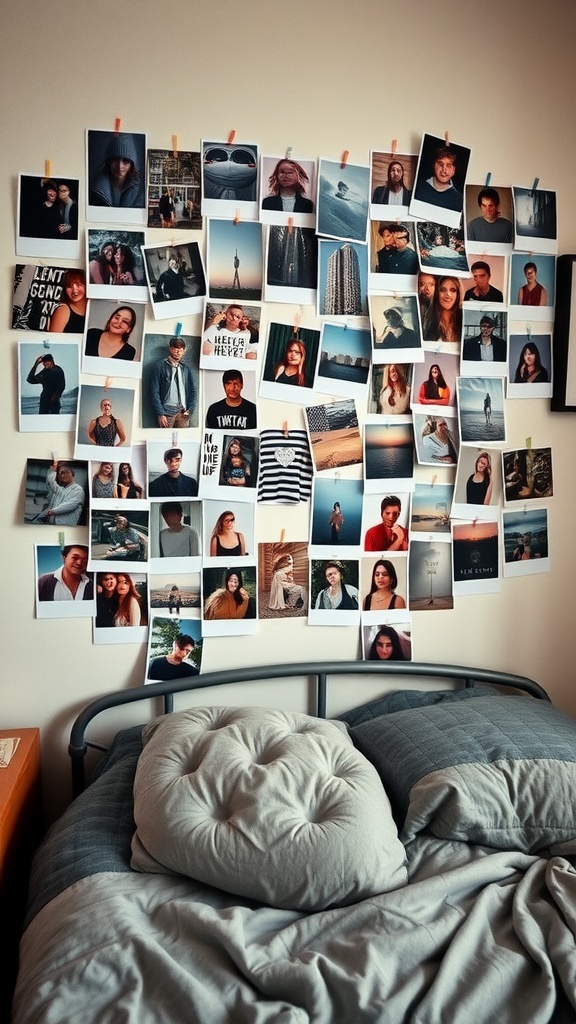 A cozy bedroom with a photo collage wall showcasing various photographs and a neatly made bed.