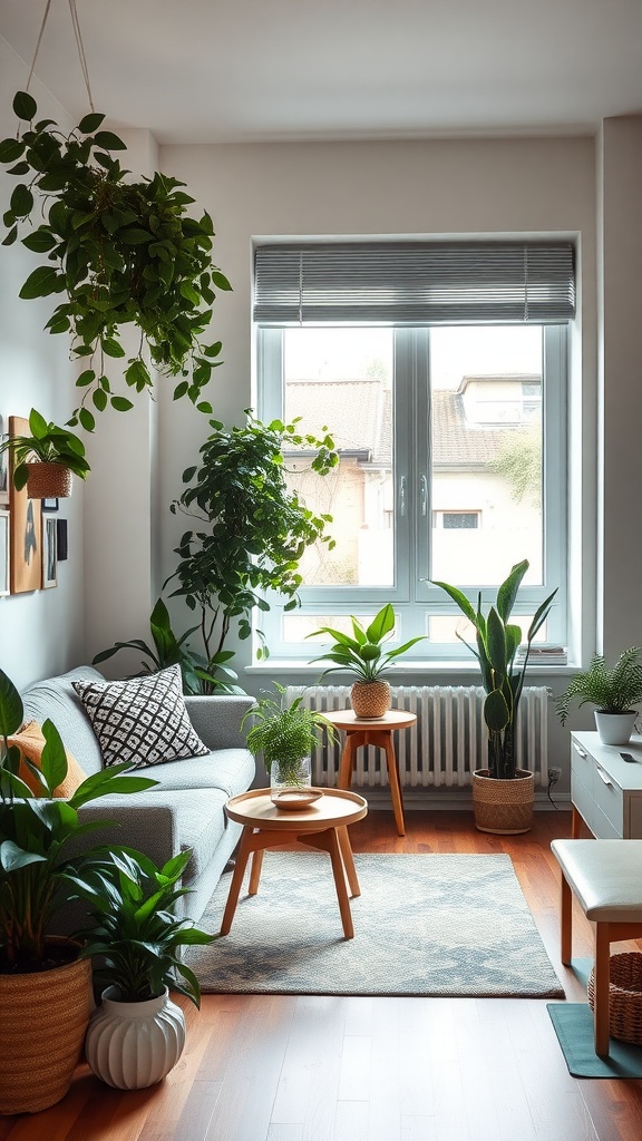 A cozy modern studio apartment featuring various indoor plants, a comfortable sofa, and natural light through a window.
